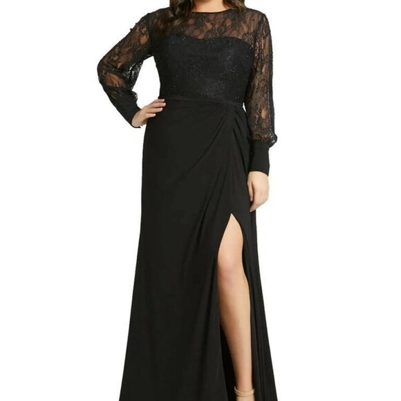 Mac Duggal Black Jersey Lace Bodice & Long-sleeve Wrap Gown W/ Slit